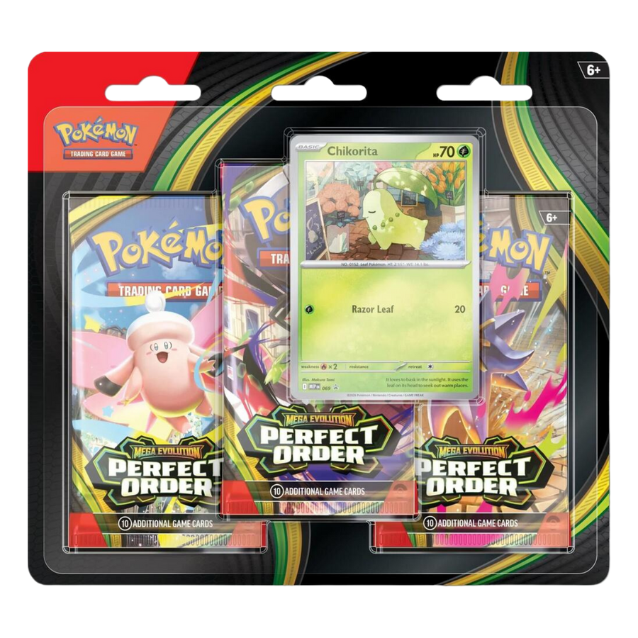 Pokémon TCG: Mega Evolution – Perfect Order 3-Pack Blister (Chikorita Promo)