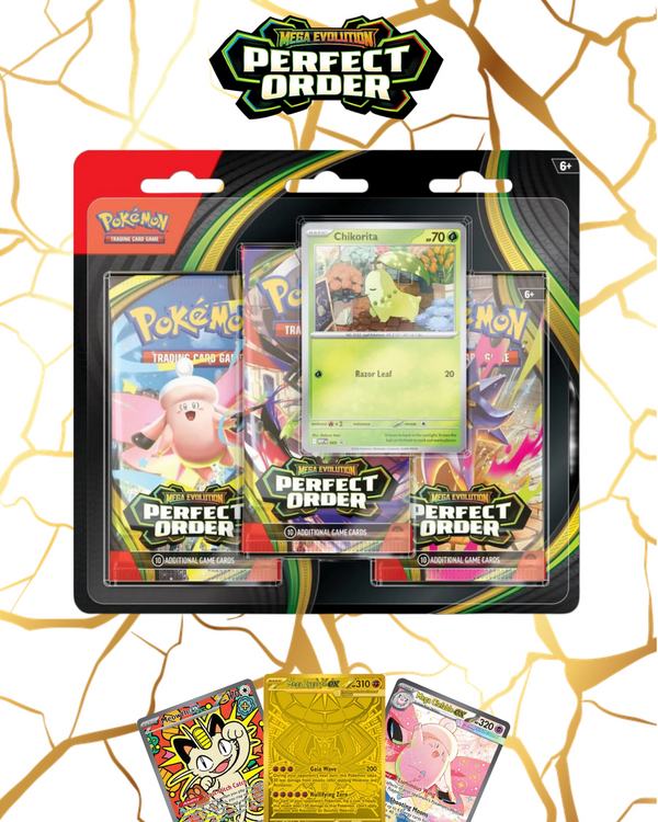 Pokémon TCG: Mega Evolution - Perfect Order 3-Pack Blister (Chikorita Promo)