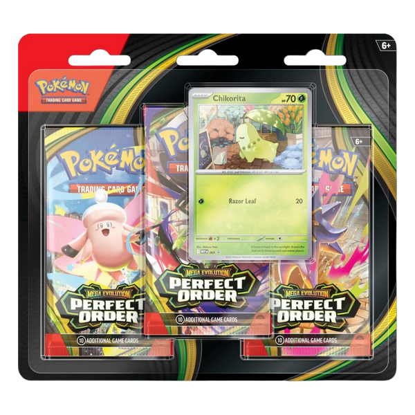 Pokémon TCG: Mega Evolution – Perfect Order 3-Pack Blister (Chikorita Promo)