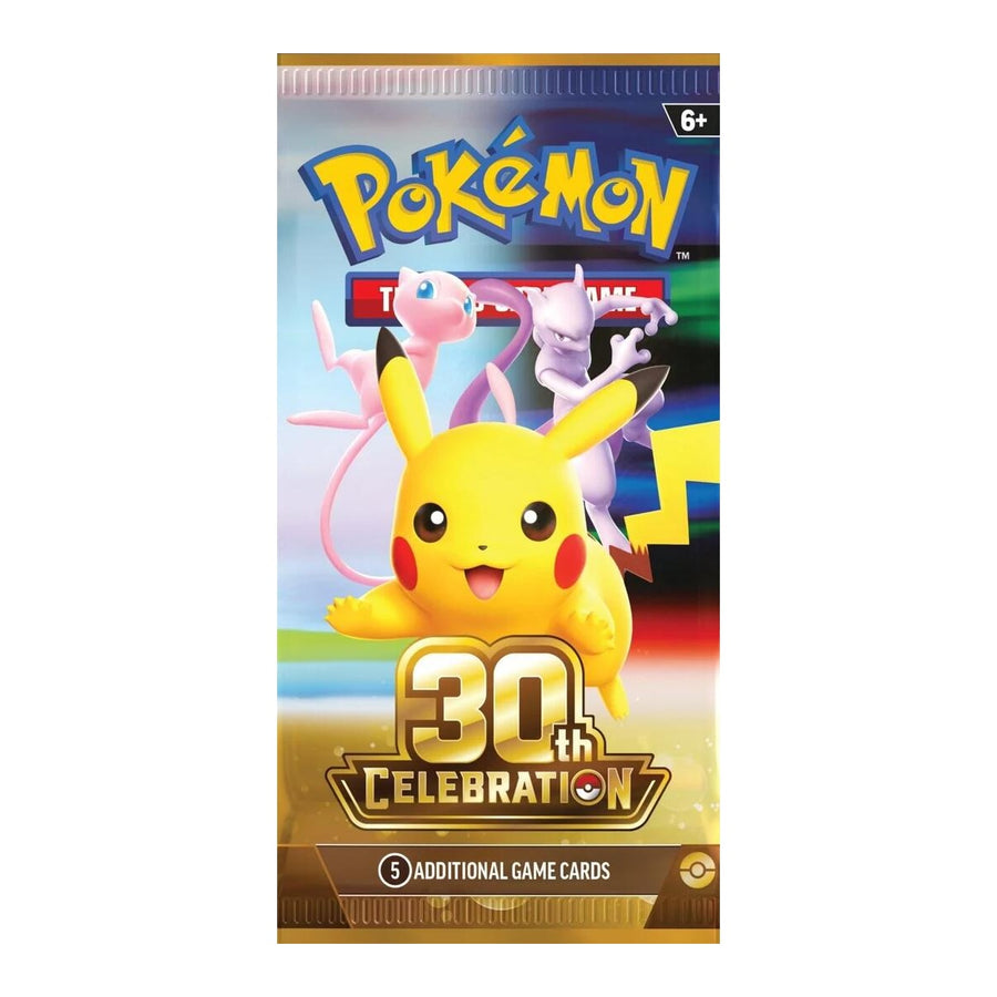 Pokémon TCG 30th Celebration booster pack front featuring Pikachu, Mew and Mewtwo