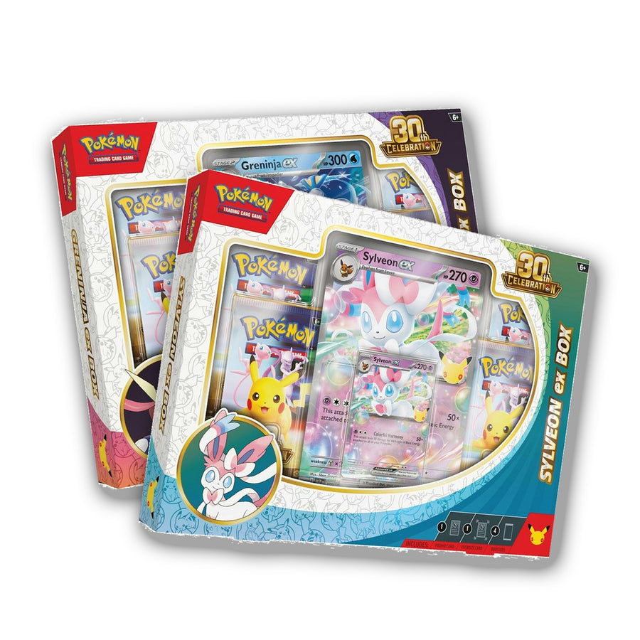 Pokémon TCG: 30th Celebration ex Box - Sylveon ex Box and Greninja ex Box, both designs stacked